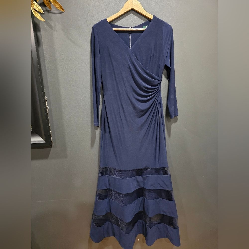 Lauren Ralph Lauren Women's Dress A-Line Illusion Stripe Lined Stretch Navy 10